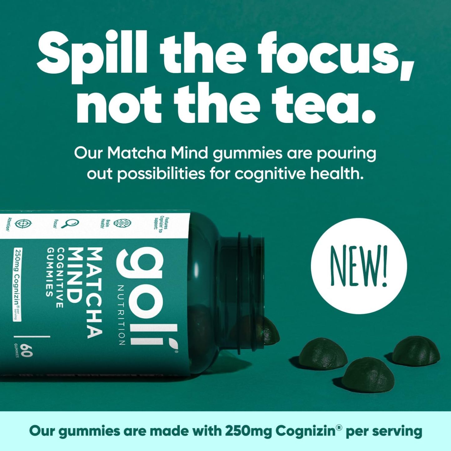 Goli Matcha Mind Gummies - 60 Count - Green Tea Leaves Powder with Cognizin for Focus, Attention and Brain Health, Vegan, Non-GMO, Gluten-Free & Gelatin Free