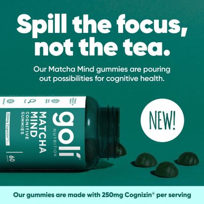 Goli Matcha Mind Gummies - 60 Count - Green Tea Leaves Powder with Cognizin for Focus, Attention and Brain Health, Vegan, Non-GMO, Gluten-Free & Gelatin Free