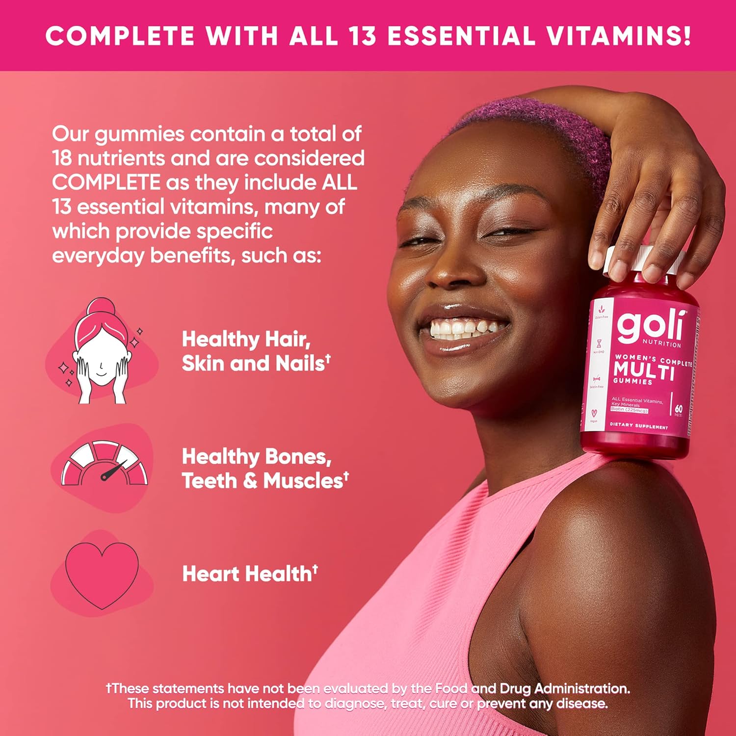 Goli Women’s Multivitamin Gummies - 60 Count - All 13 Essential Vitamins, and Key Minerals - Kosher, Gluten-Free, Vegan, and Non-GMO