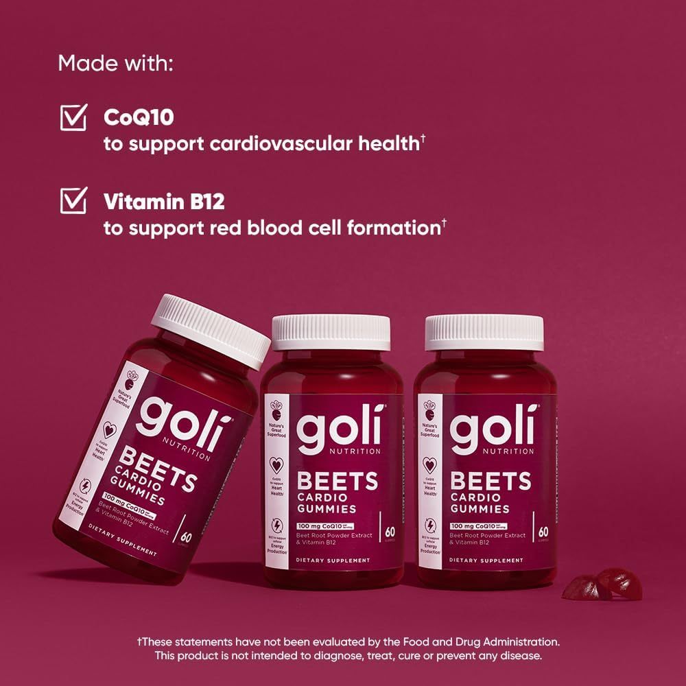 Goli Nutritional Supplement, Beets Cardio Gummy - 60 Count - 100mg CoQ10 & Beet Root Extract - Gluten-Free, Vegan, Non-GMO, and Gelatin-Free. Nature's Great Superfood