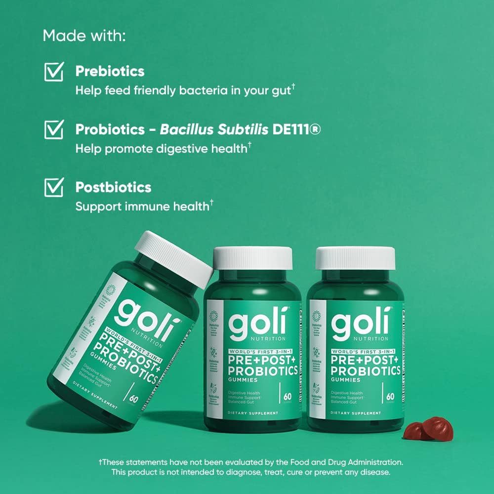  Goli Nutritional Supplement, Pre+Post+Probiotics Gummy - 60 Count - World's First 3-in-1 Gluten-Free, Vegan, Non-GMO, and Gelatin-Free