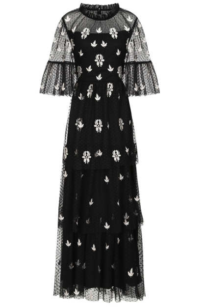 Black Leaf Embroidered Tiered Maxi Dress