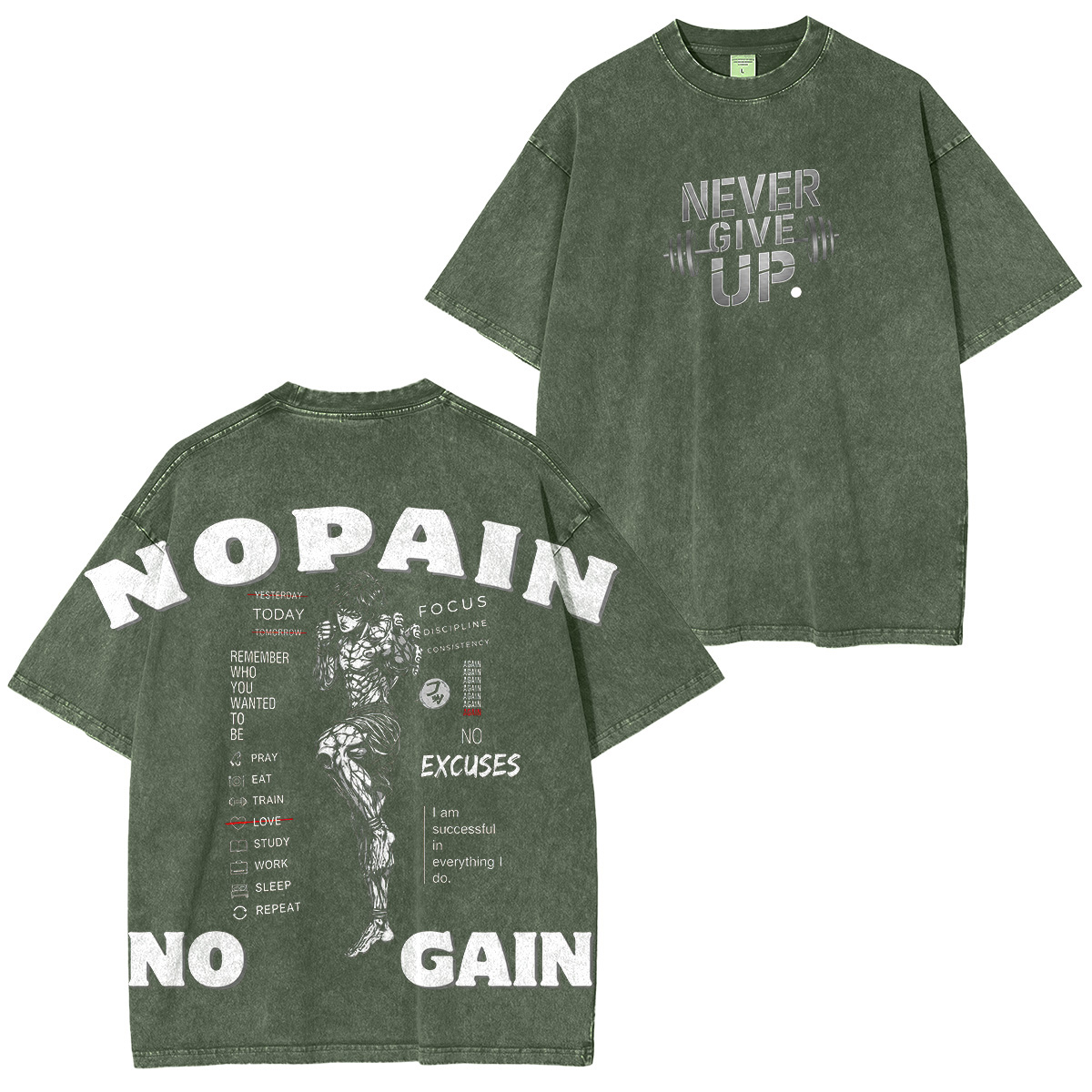 No Pain No Gain Baki Printed Unisex Washed T-Shirt