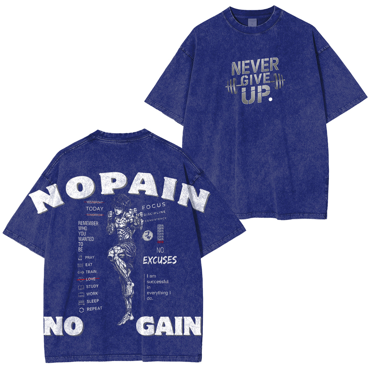 No Pain No Gain Baki Printed Unisex Washed T-Shirt