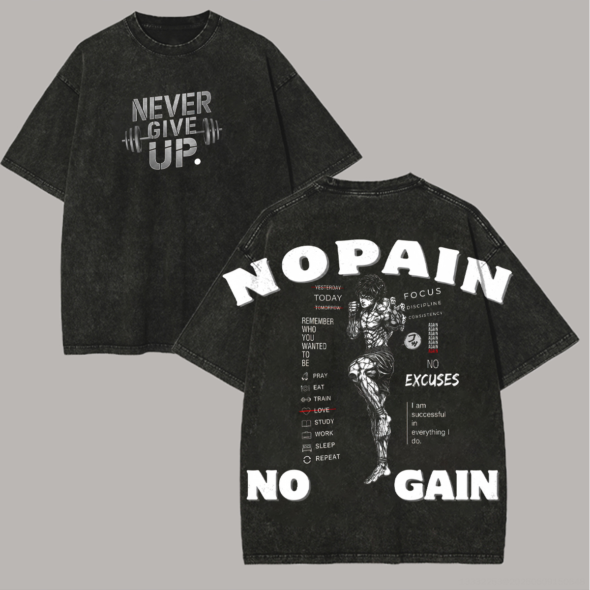 No Pain No Gain Baki Printed Unisex Washed T-Shirt