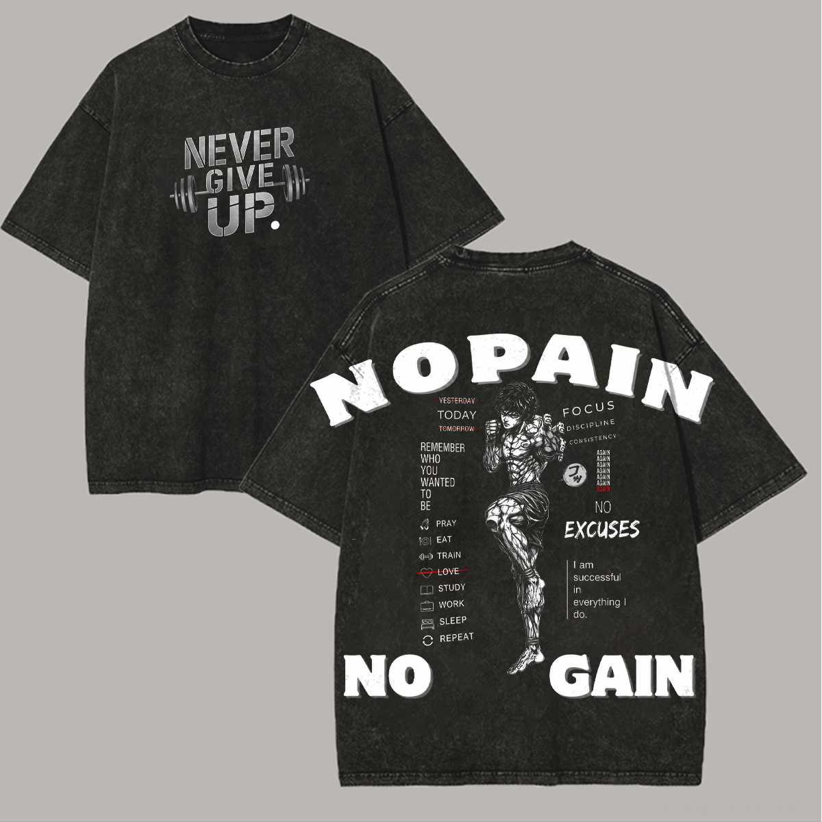 No Pain No Gain Baki Printed Unisex Washed T-Shirt