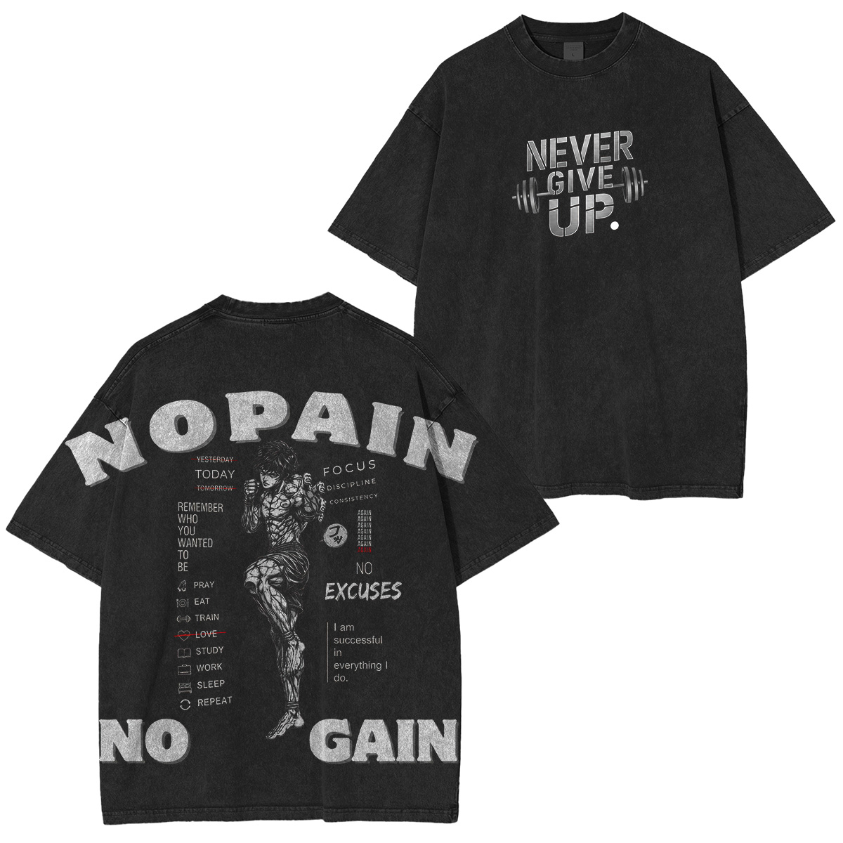 No Pain No Gain Baki Printed Unisex Washed T-Shirt