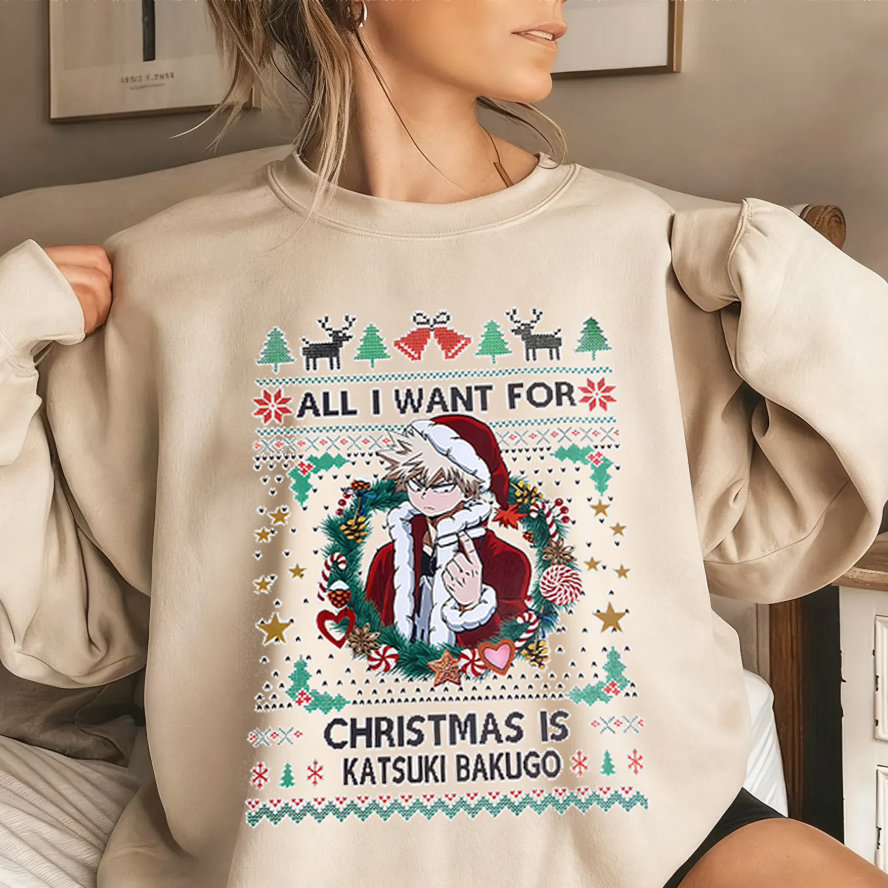 All I Want For Christmas Is Katsuki Bakugo Printed Fleece-lined Unisex Sweatshirt