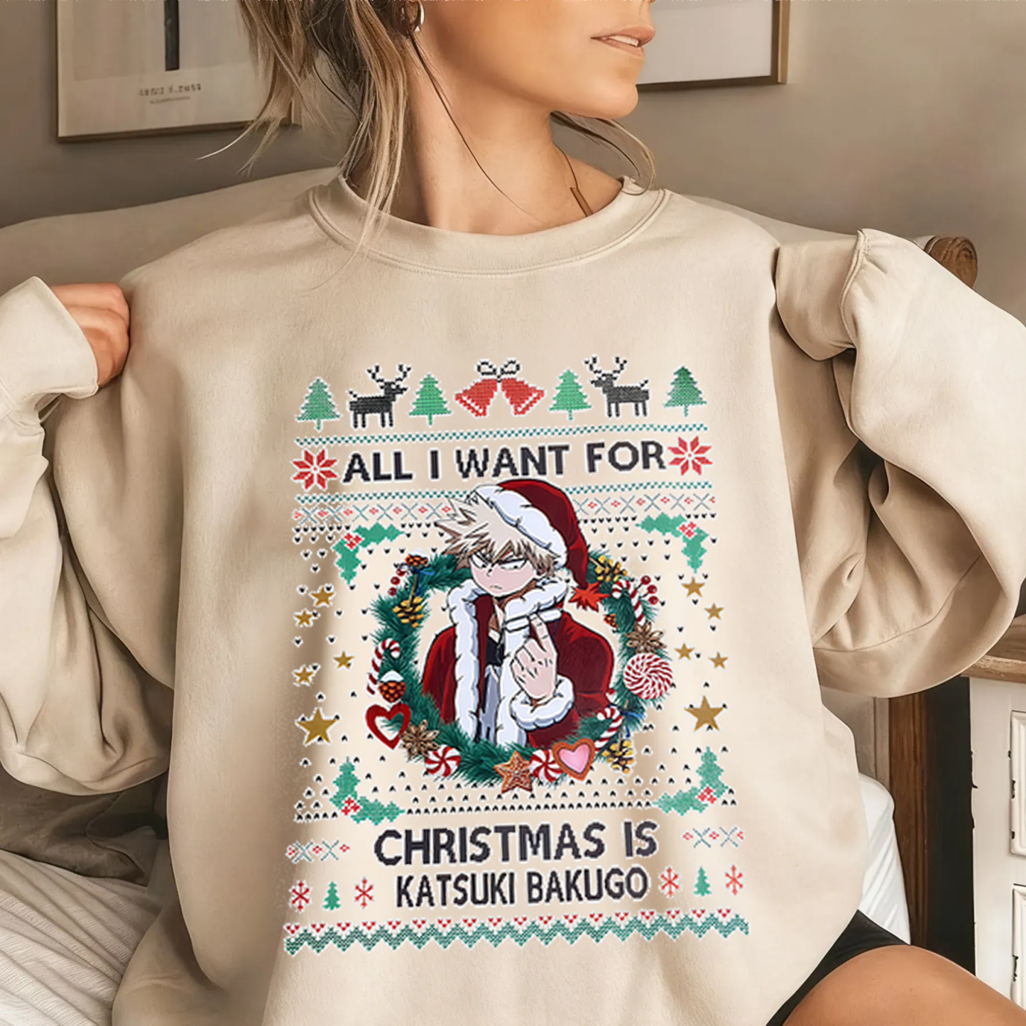 All I Want For Christmas Is Katsuki Bakugo Printed Fleece-lined Unisex Sweatshirt