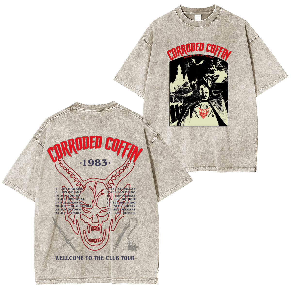 Stranger Things Corroded Coffin Wlcome To The Club Tour Unisex Washed T-Shirt