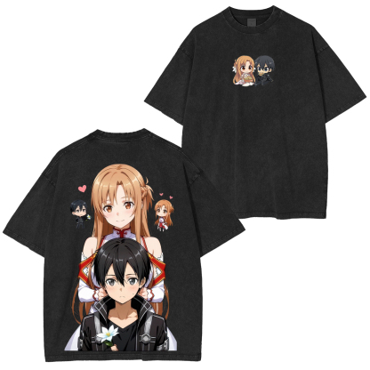 Sword Art Online Kirito Asuna Printed Unisex Washed T-Shirt