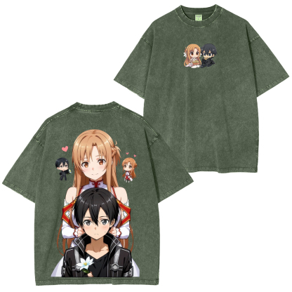 Sword Art Online Kirito Asuna Printed Unisex Washed T-Shirt