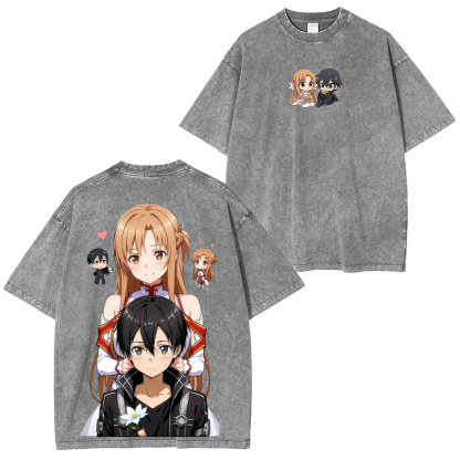 Sword Art Online Kirito Asuna Printed Unisex Washed T-Shirt