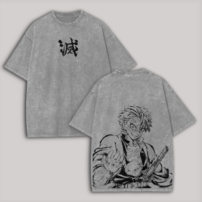 Demon Slayer Sanemi Shinazugawa Printed Unisex Washed T-Shirt