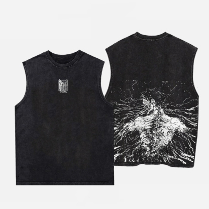 Retro Eren Yeager Anime Printed Men's Washed Vest