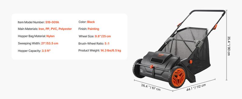 VEVOR Push Lawn Sweeper, 21inch Leaf & Grass Collector, Heavy Duty Thickened Steel Durable to Use with Large Capacity 3.5 cu. ft. Mesh Collection Hopper Bag, 2 Spinning Brushes