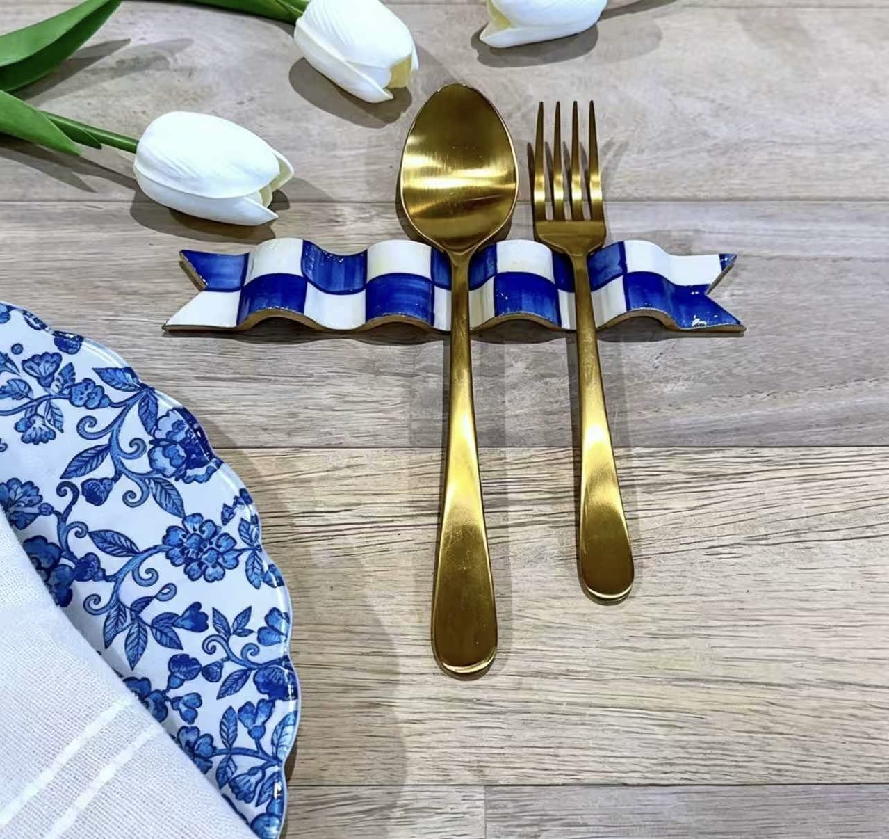  Blue & White Checkered Ribbon Utensil Rest 