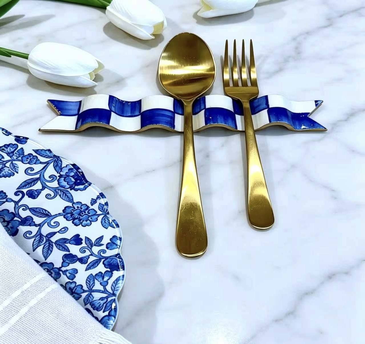  Blue & White Checkered Ribbon Utensil Rest 