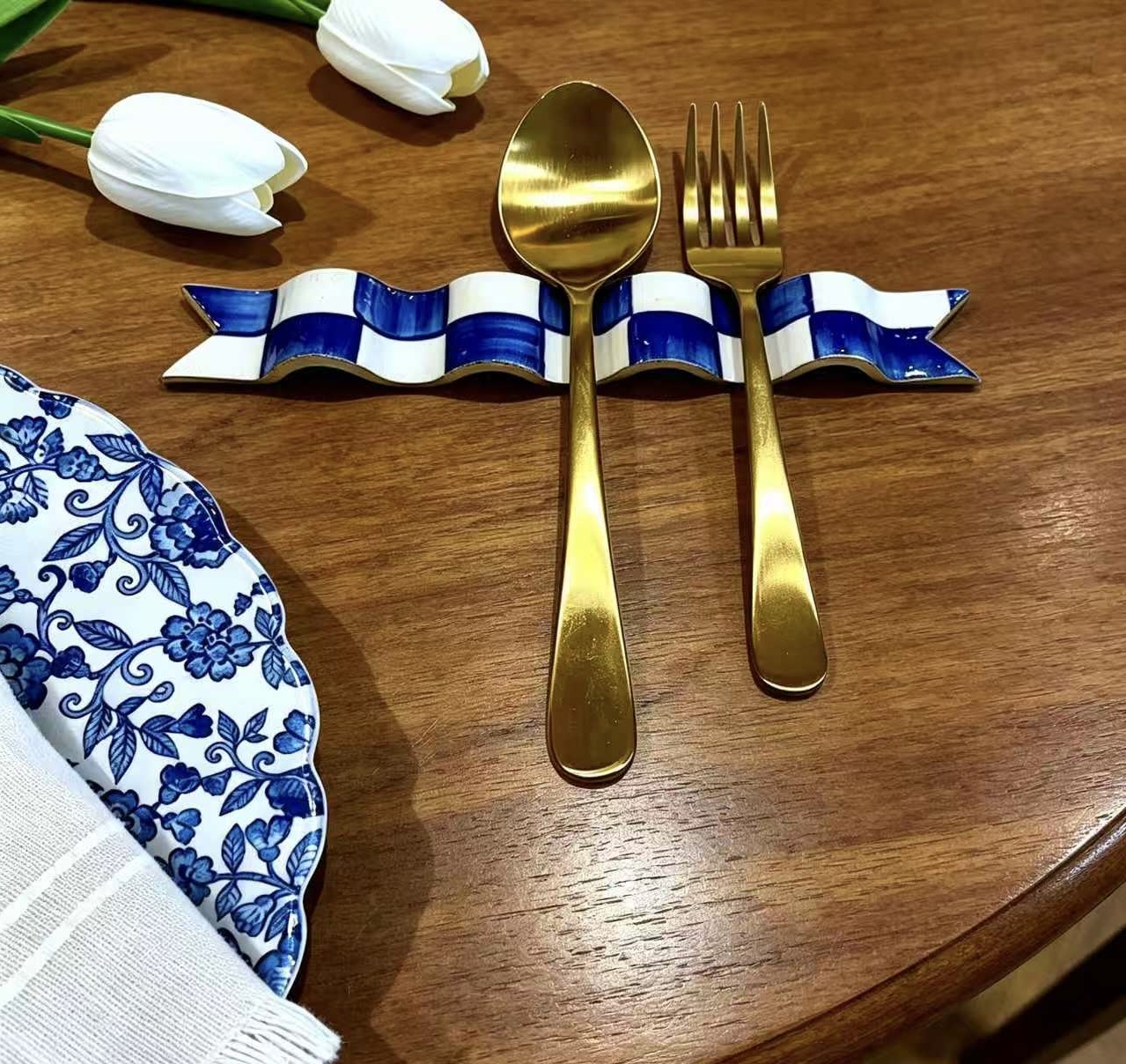  Blue & White Checkered Ribbon Utensil Rest 