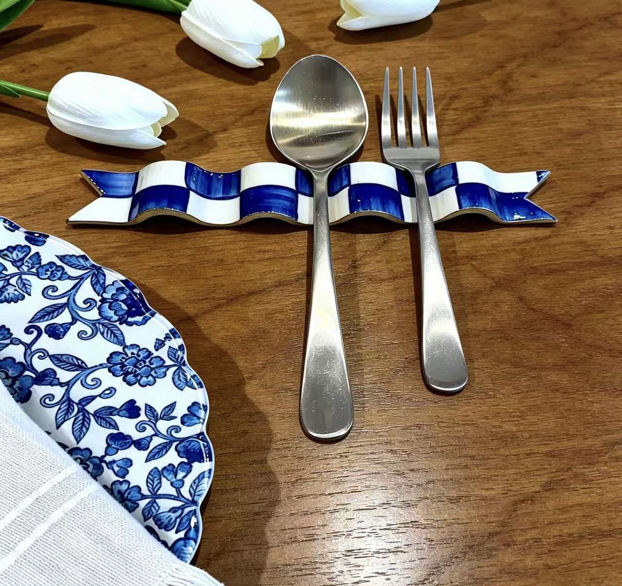  Blue & White Checkered Ribbon Utensil Rest 