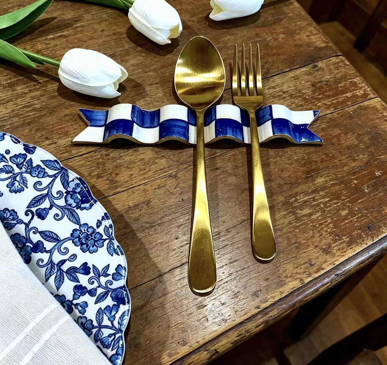  Blue & White Checkered Ribbon Utensil Rest 