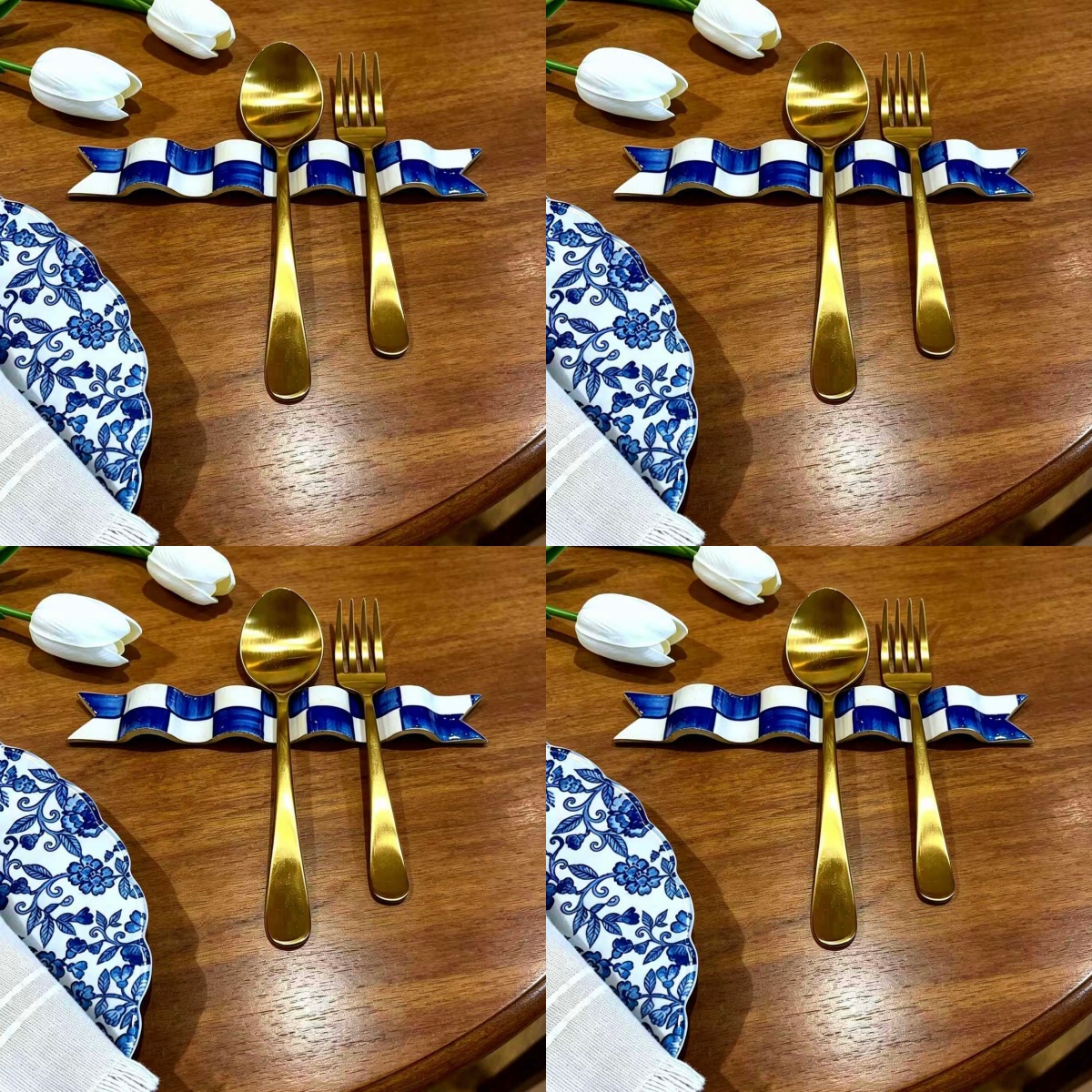  Blue & White Checkered Ribbon Utensil Rest 