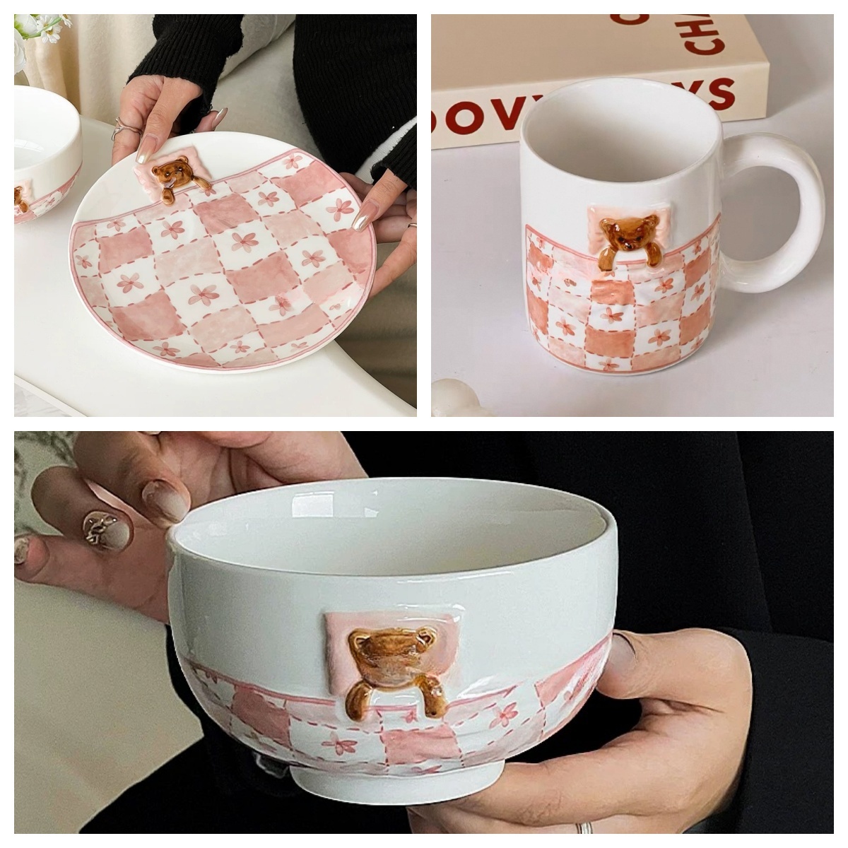 Pink Cute Bear Plate And Coffee Mug
