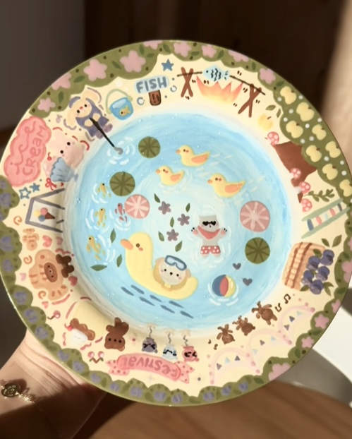 Hand-Painted Pool Party Ceramic Plate