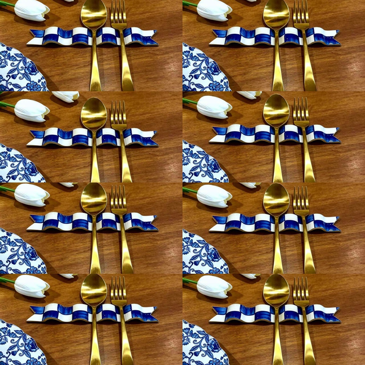  Blue & White Checkered Ribbon Utensil Rest 