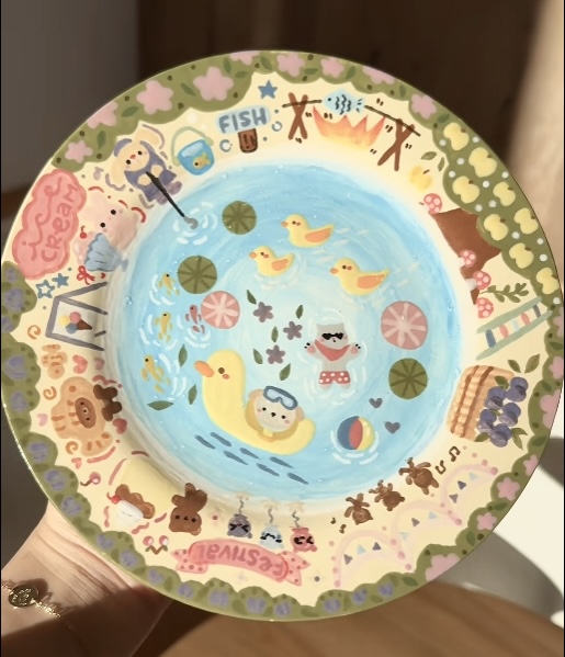 Hand-Painted Pool Party Ceramic Plate