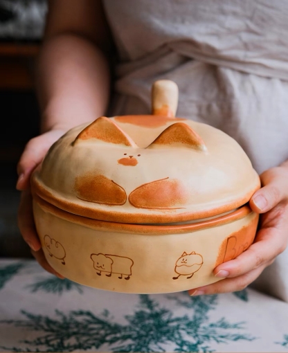 Handmade Chubby Orange Cat Ceramic Bowl with Lid