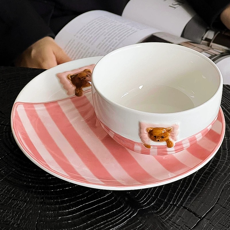 Pink Cute Bear Plate And Coffee Mug