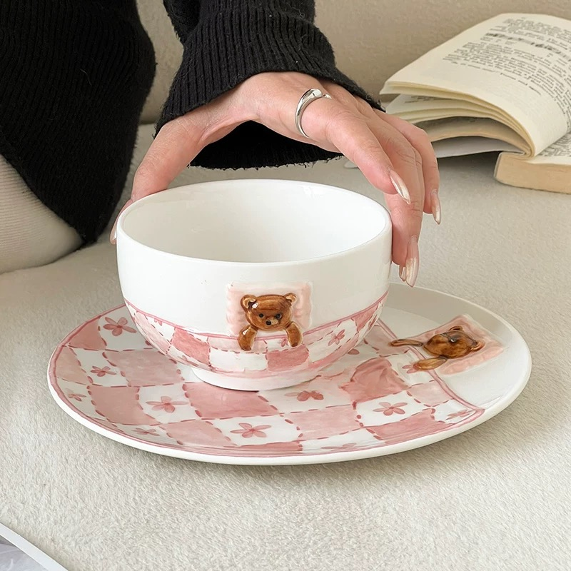 Pink Cute Bear Plate And Coffee Mug