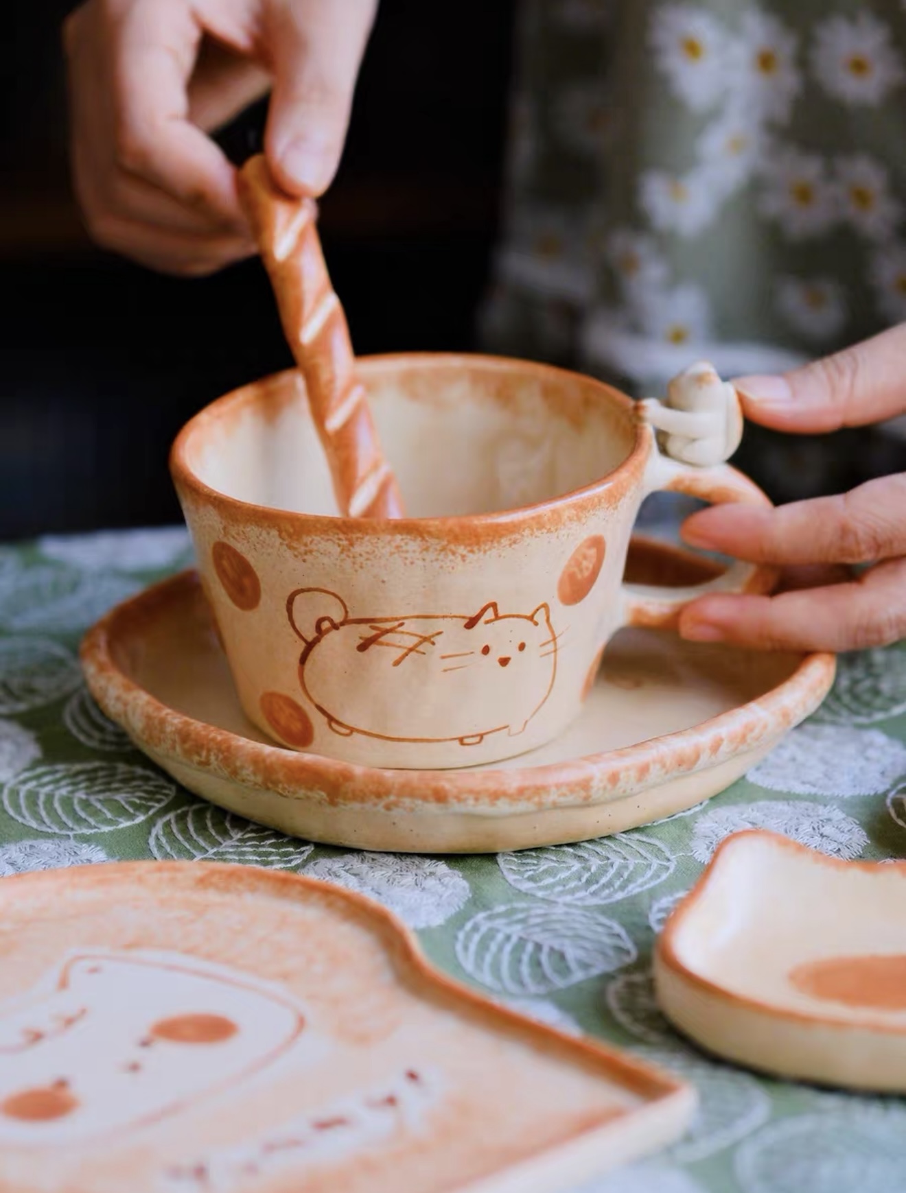 Hand-Painted Hand-Sculpted Ceramic Cat Mug