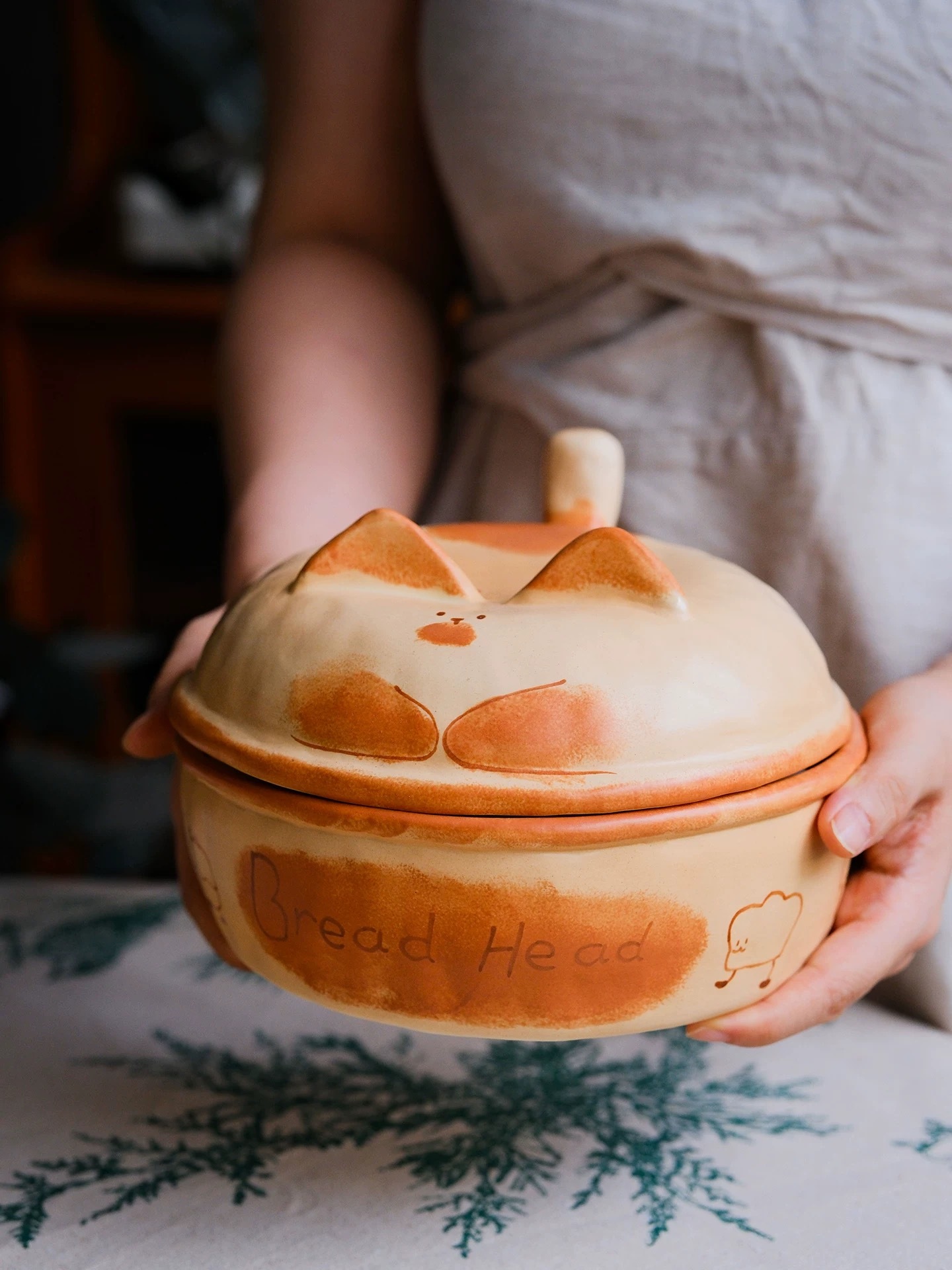 Handmade Chubby Orange Cat Ceramic Bowl with Lid