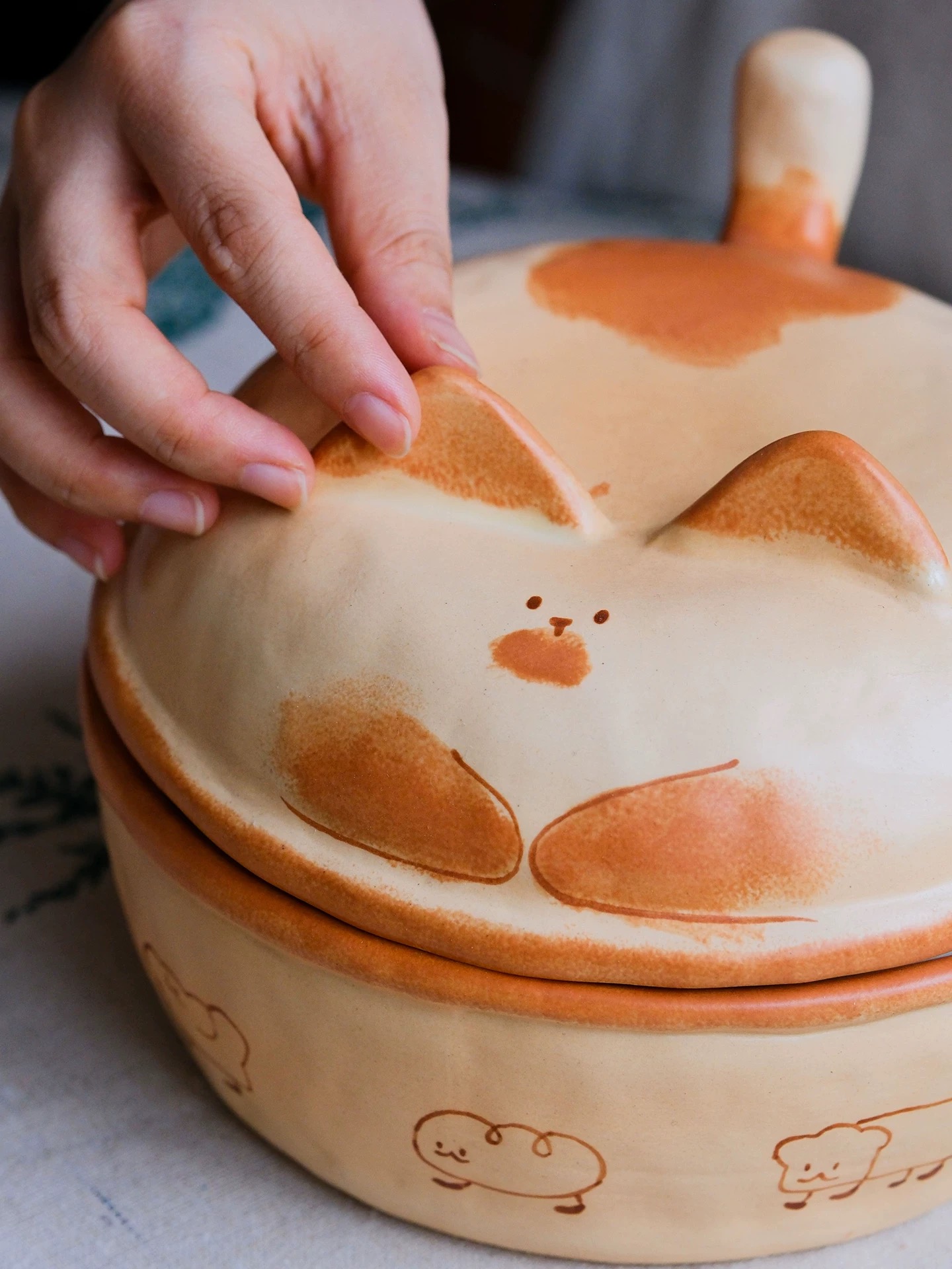 Handmade Chubby Orange Cat Ceramic Bowl with Lid