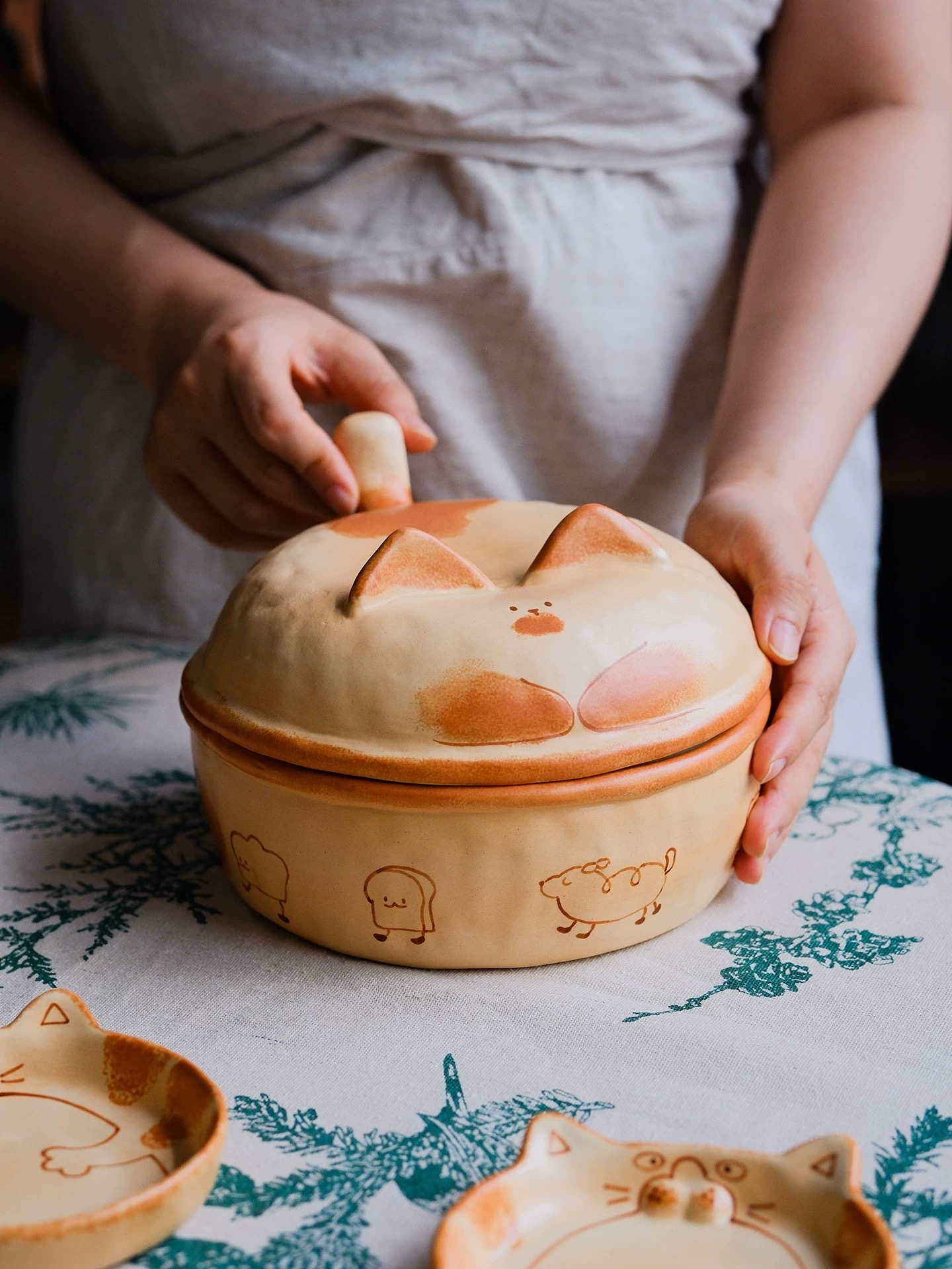 Handmade Chubby Orange Cat Ceramic Bowl with Lid