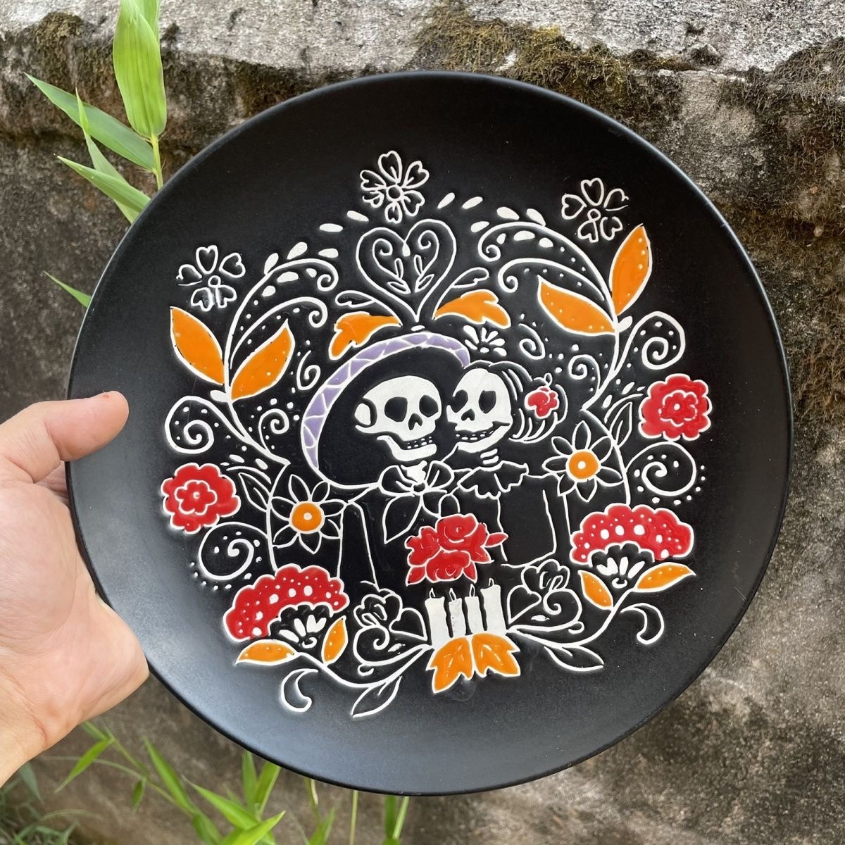 Embossed hand-painted skeletons, Jack Skellington and Sally Ceramic Plate