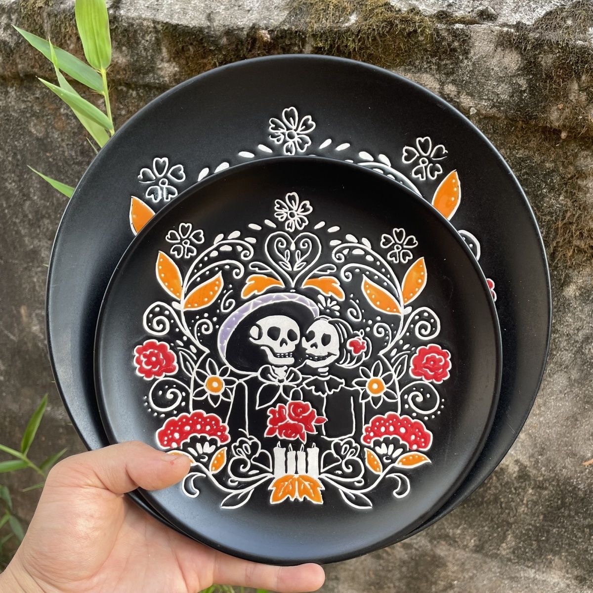 Embossed hand-painted skeletons, Jack Skellington and Sally Ceramic Plate