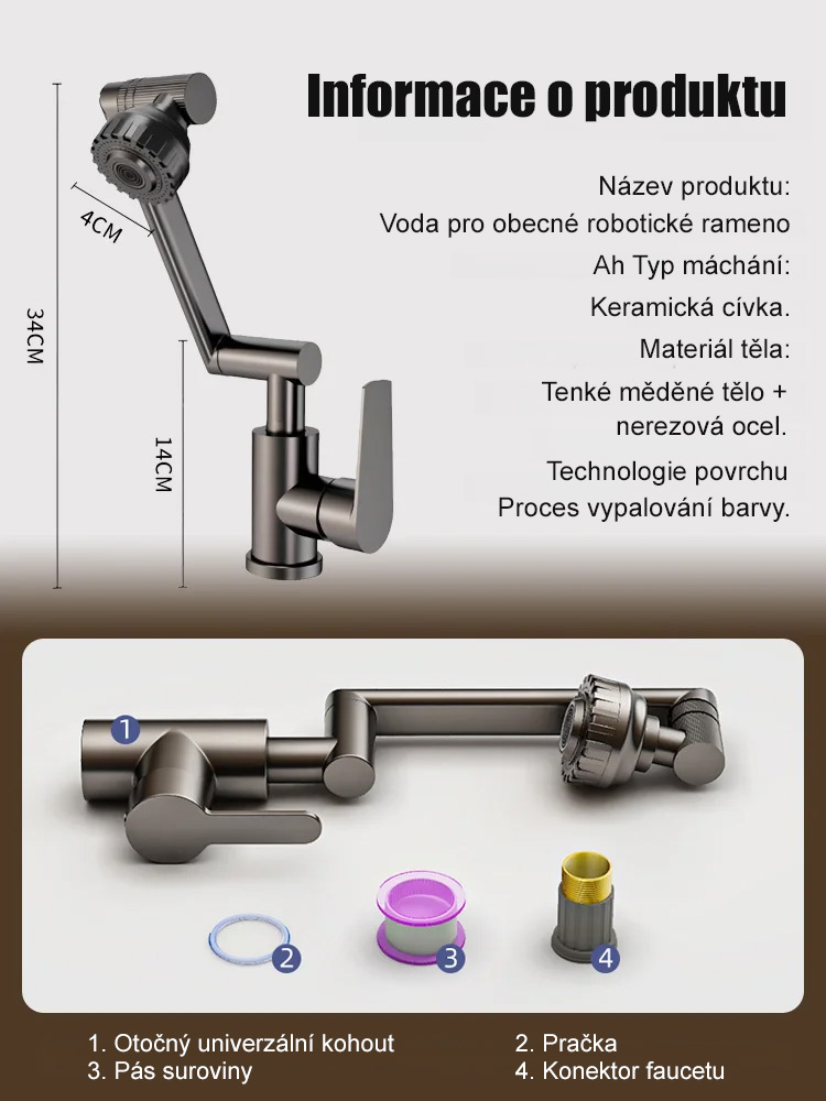 1080° otočný vodovodní kohoutek s mechanickým ramenem 