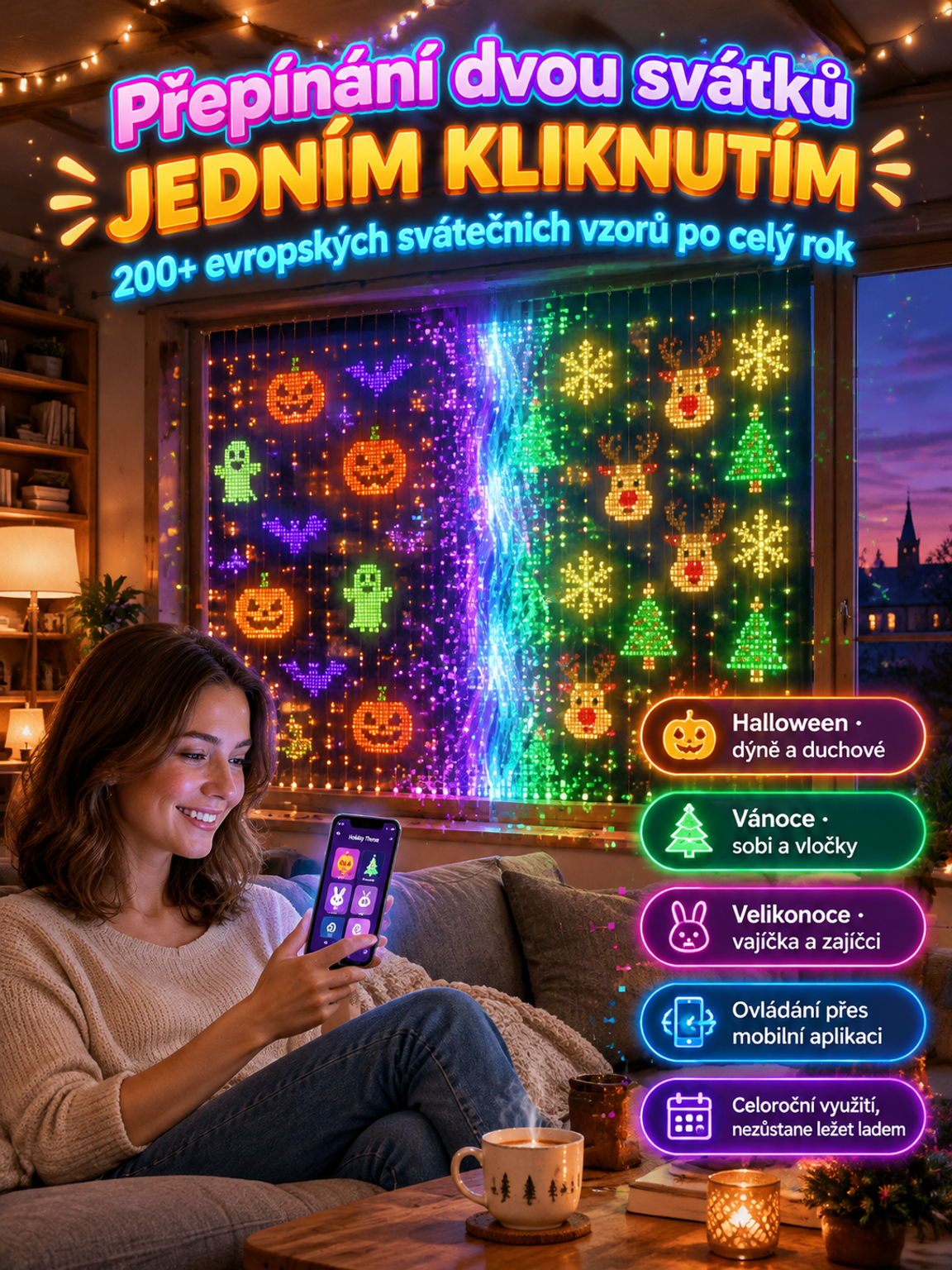 【🎉Inteligentní dynamická dekorační lampa】💝Přepínejte vánoční scény v mobilu nebo tvořte vlastní vzory. 🏠Vyzdobte balkón i fasádu za pár sekund bez zamotaných kabelů! 