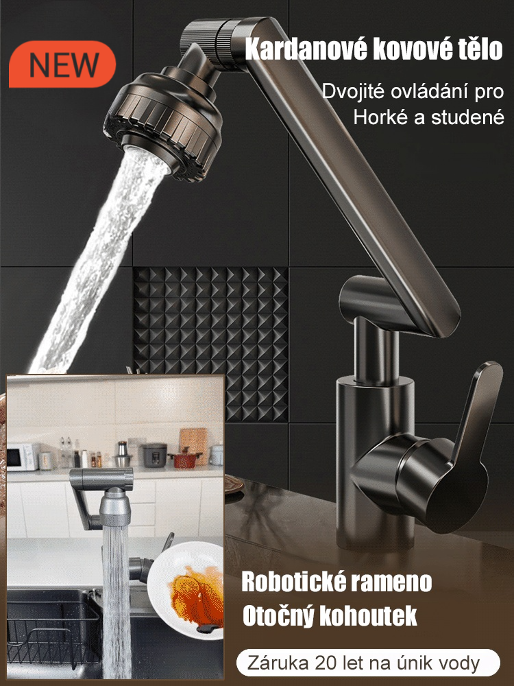 1080° otočný vodovodní kohoutek s mechanickým ramenem 