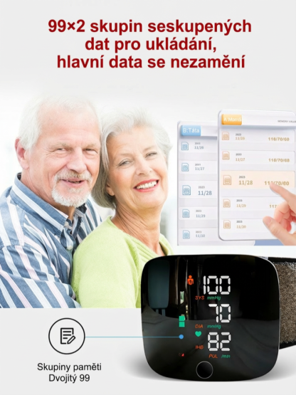 Plně automatický zápěstní tlakoměr s hlasem a velkým barevným displejem