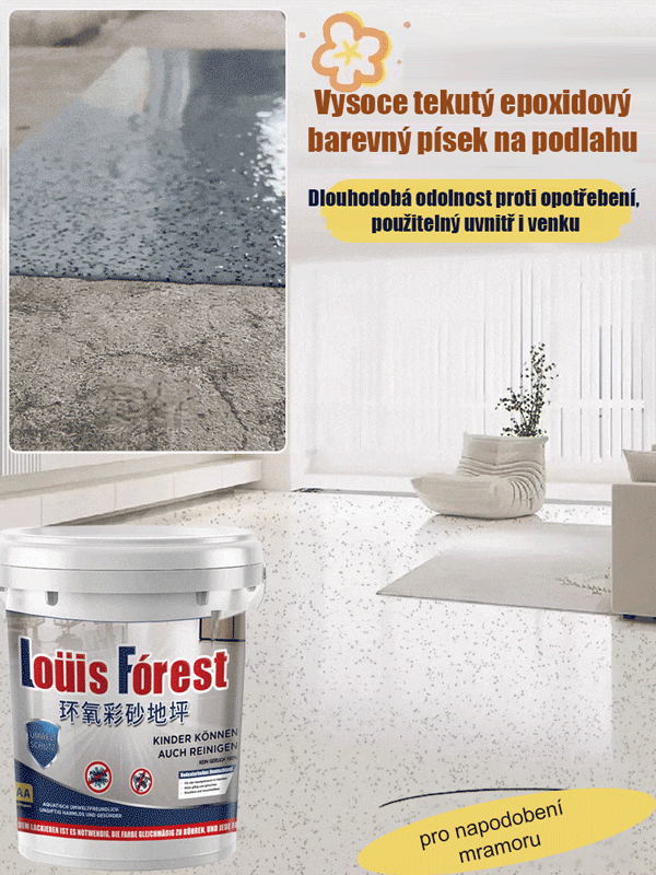 Modernizace epoxidového barevného pískového podlahového nátěru, povrch lesklý jako mramor, voděodolný a protiskluzový, odolný proti opotřebení!