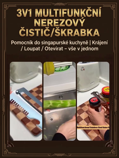 💡Volba mnoha hospodyněk! Kuchyňský pomocník 3v1: krájí, loupe a otevírá lahve. Z nerezové oceli a snadno omyvatelný.