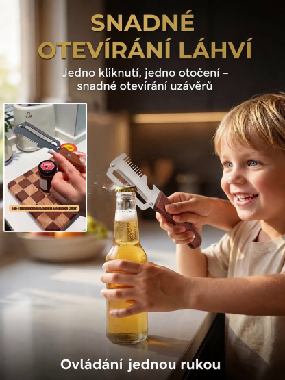 💡Volba mnoha hospodyněk! Kuchyňský pomocník 3v1: krájí, loupe a otevírá lahve. Z nerezové oceli a snadno omyvatelný.