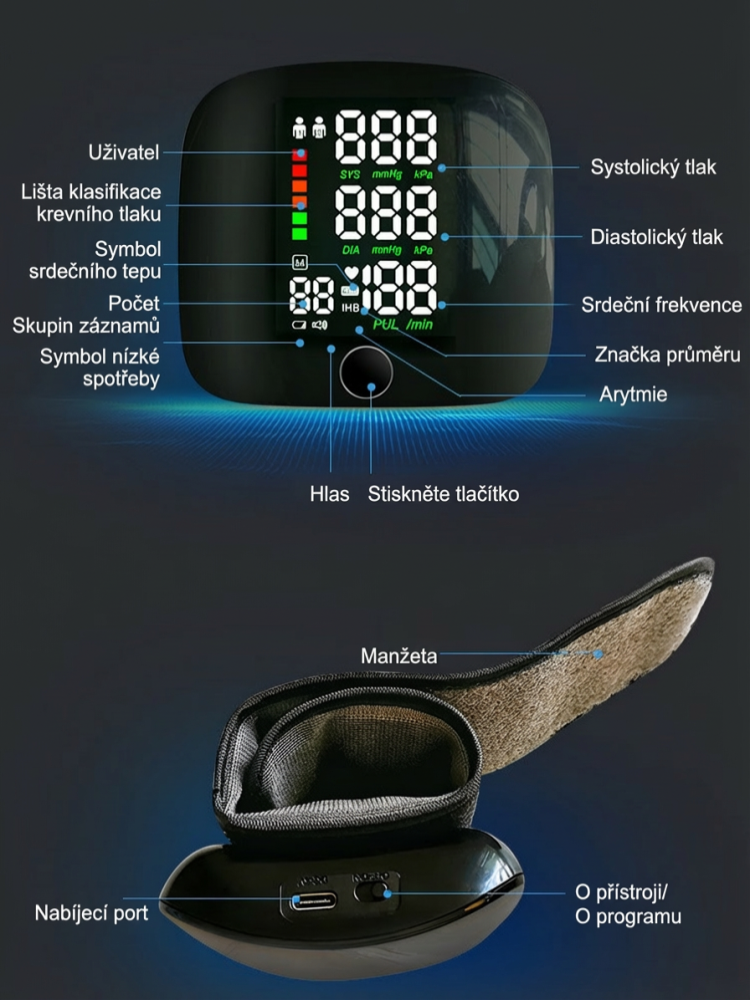 Plně automatický zápěstní tlakoměr s hlasem a velkým barevným displejem