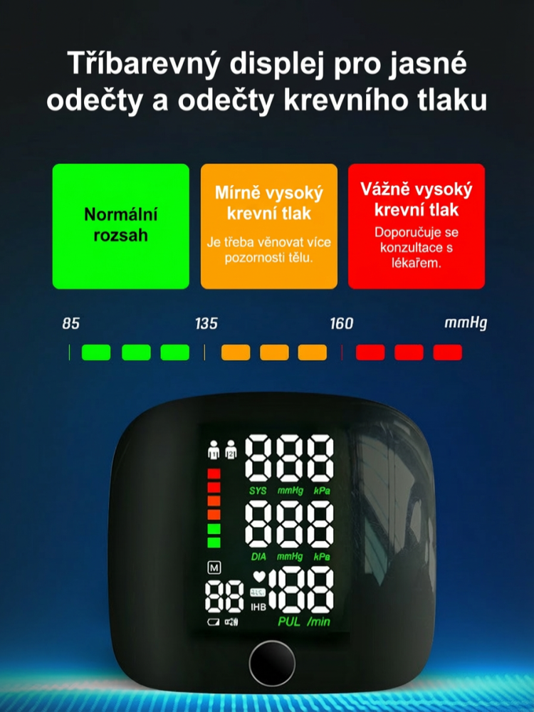 Plně automatický zápěstní tlakoměr s hlasem a velkým barevným displejem
