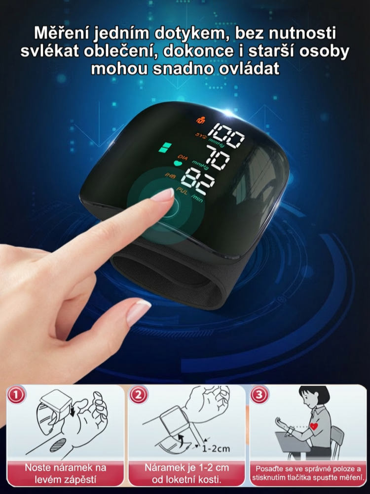 Plně automatický zápěstní tlakoměr s hlasem a velkým barevným displejem
