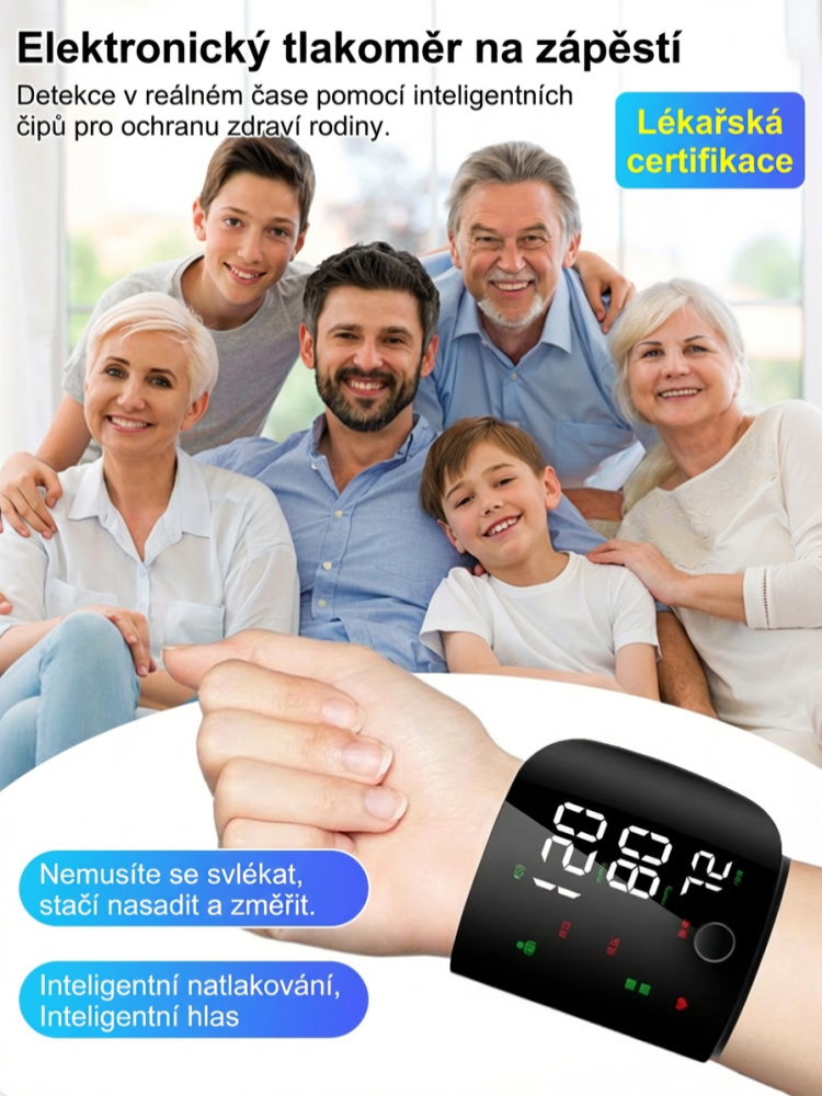 Plně automatický zápěstní tlakoměr s hlasem a velkým barevným displejem